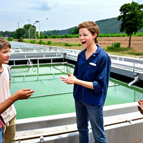 Home 4 **A young environmental engineer enthusiastically explaining a water purification process to a group of people.** *The scene should depict a modern water treatment plant with visible technology. Focus on clear communication and community engagement.*